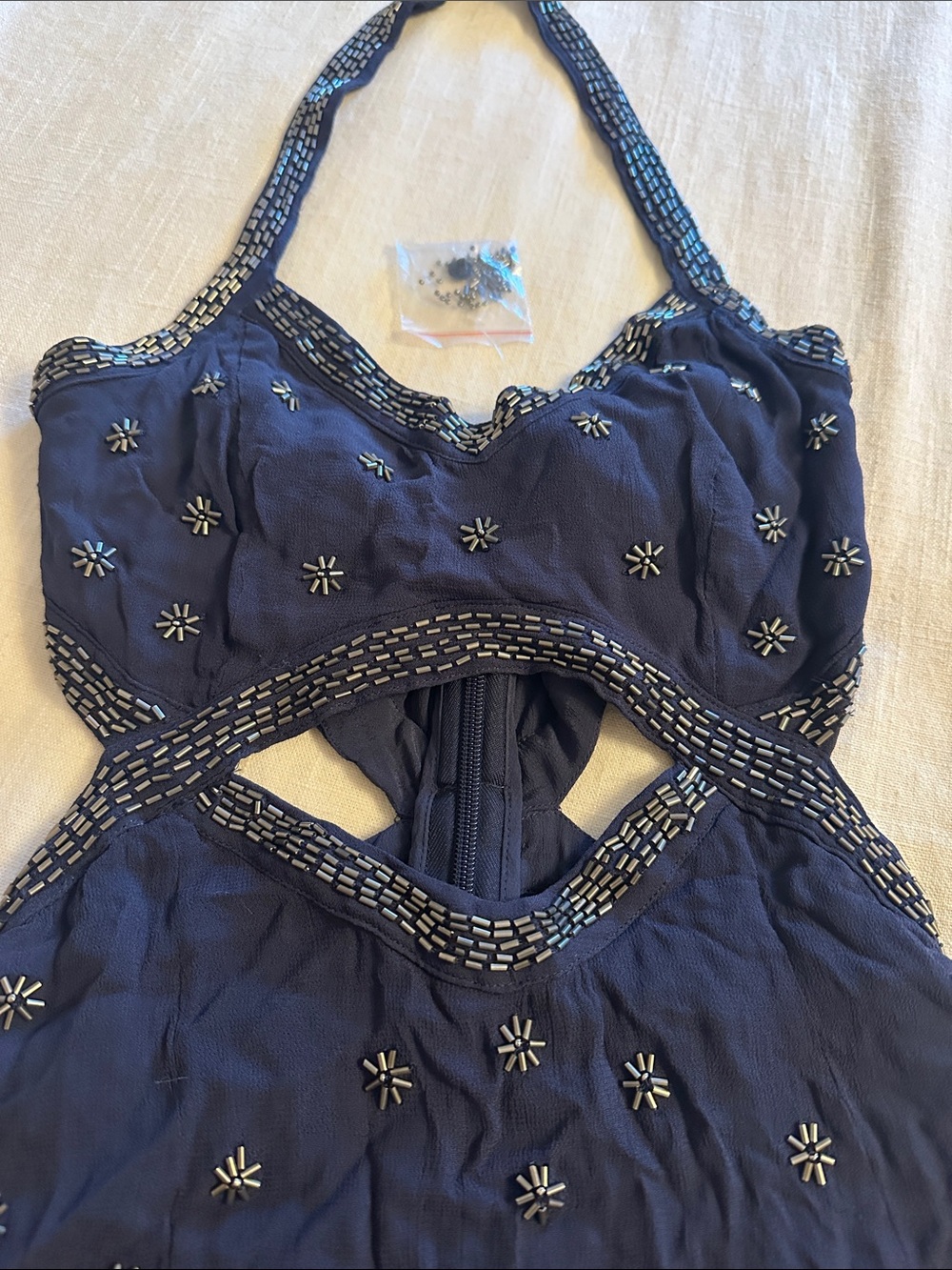 Free People Navy Beaded Halter Cutout Camisole